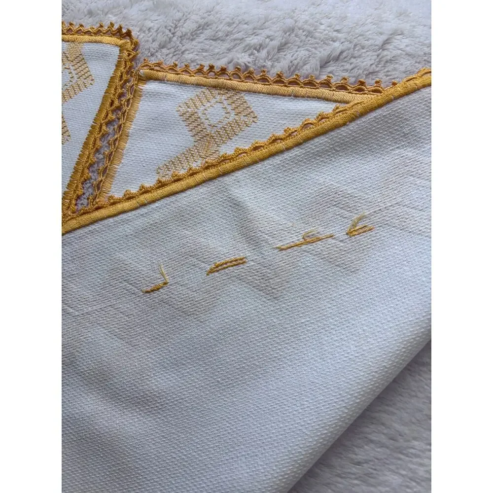 Set of Hand-Embroidered Vintage 1970s Table Linens Goldenrod Yellow White Orange